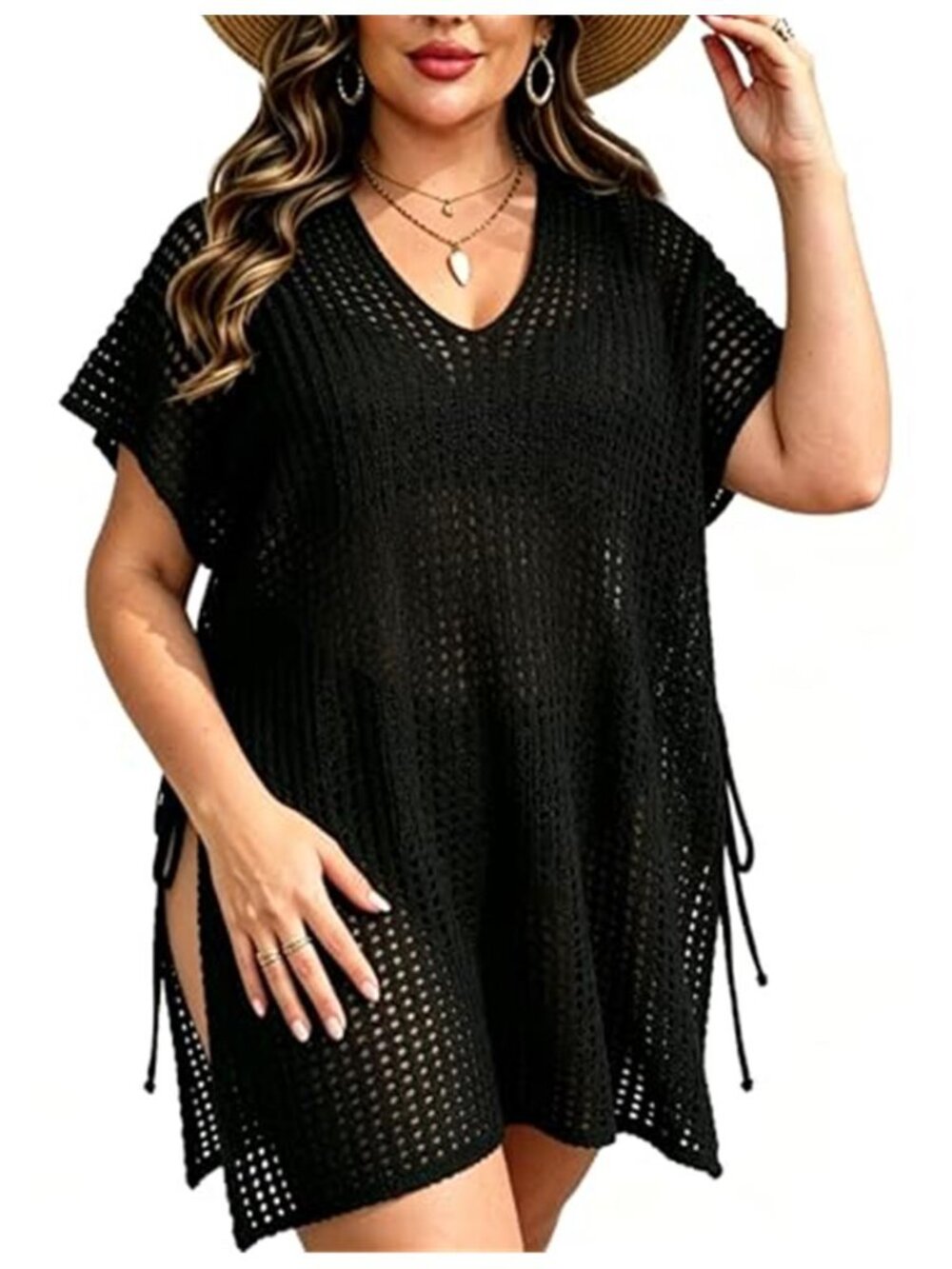 Chalier Black Plus Size Crochet Swim Cover Up V Neck Beach Tunic Dress